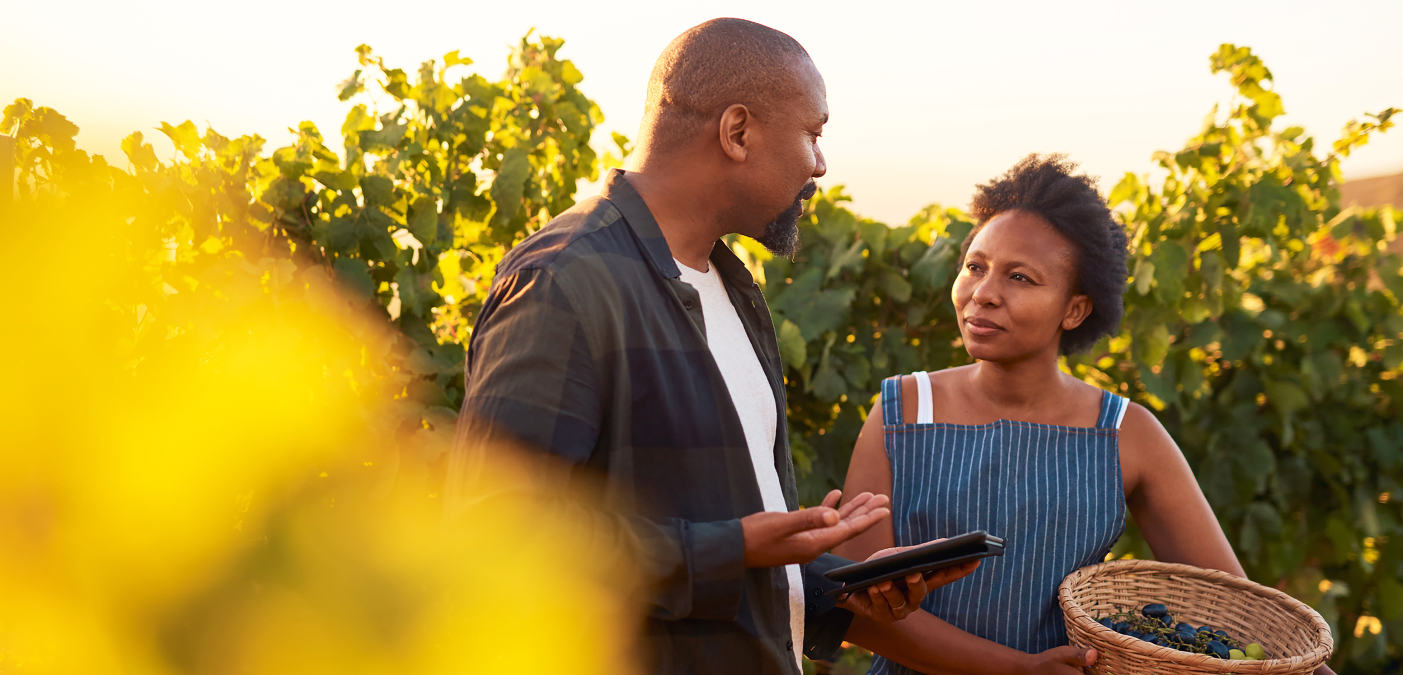 Man talking to woman holding basket of fruit Man talking to woman holding basket of fruit