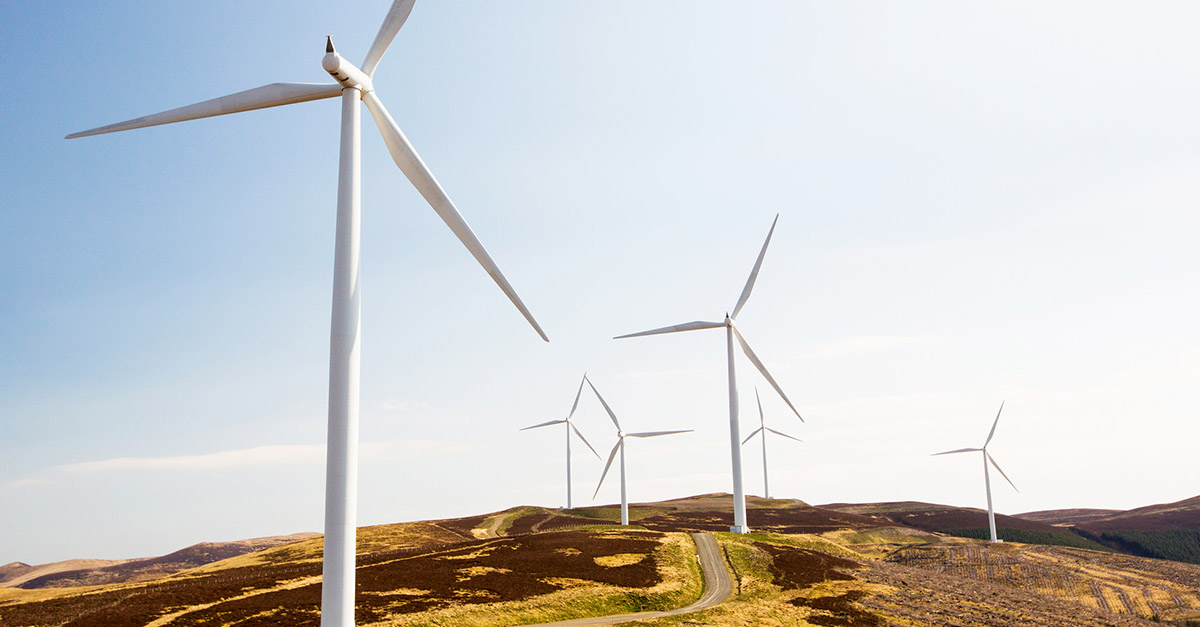 Wind turbines lining road along hilltop Wind turbines lining road along hilltop